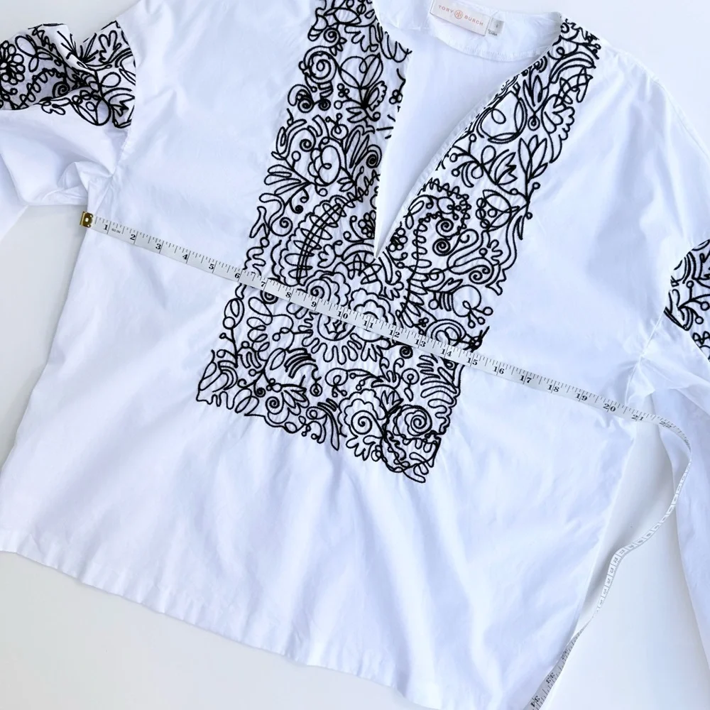 Tory Burch Embroidered White Cotton Poplin Top with Black Embroidery Size 6